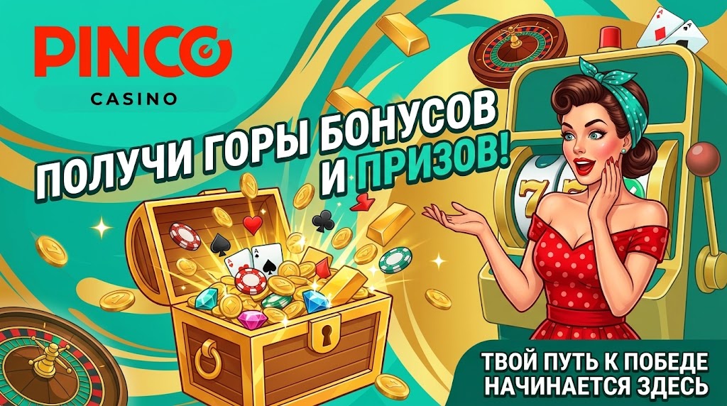Промоматериал Пинко казино с акцентом на лайв-игры, ставки и бонусный пакет